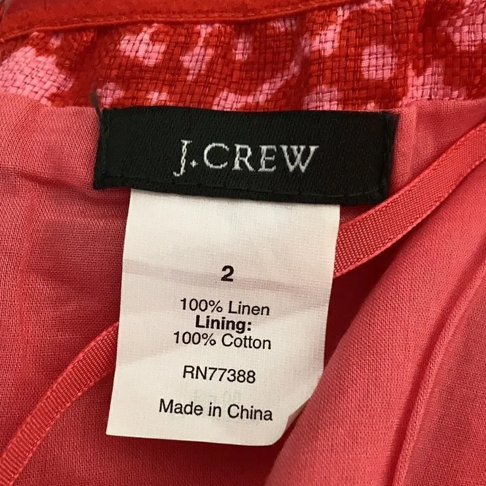 J. Crew 100% Linen Printed Strapless Dress Red & Pink Size 2